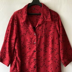 Unbranded Red Button-Up Blouse with Blue Leaf Pattern